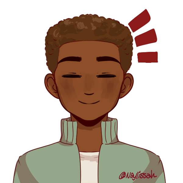 an illustration of a black teenager with closed eyes, a small smile, and short curly hair. they are wearing a green jacket and a white shirt.